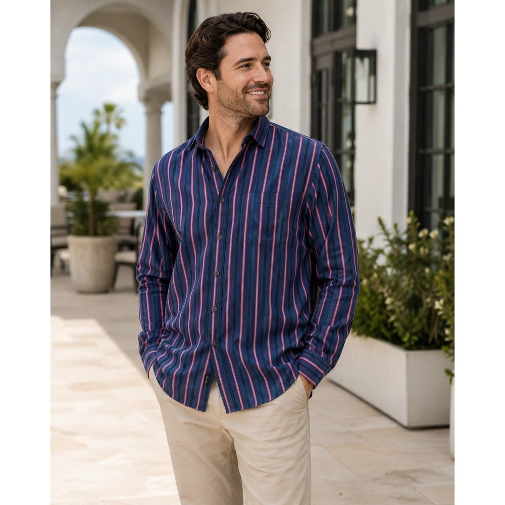 Tommy Bahama Mens Blue Pink Striped Long Sleeve Cotton Button Down Shirt Size M